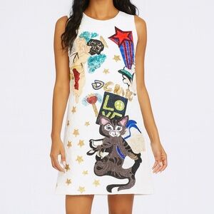 White Brocade Graphic Cat Design Dress